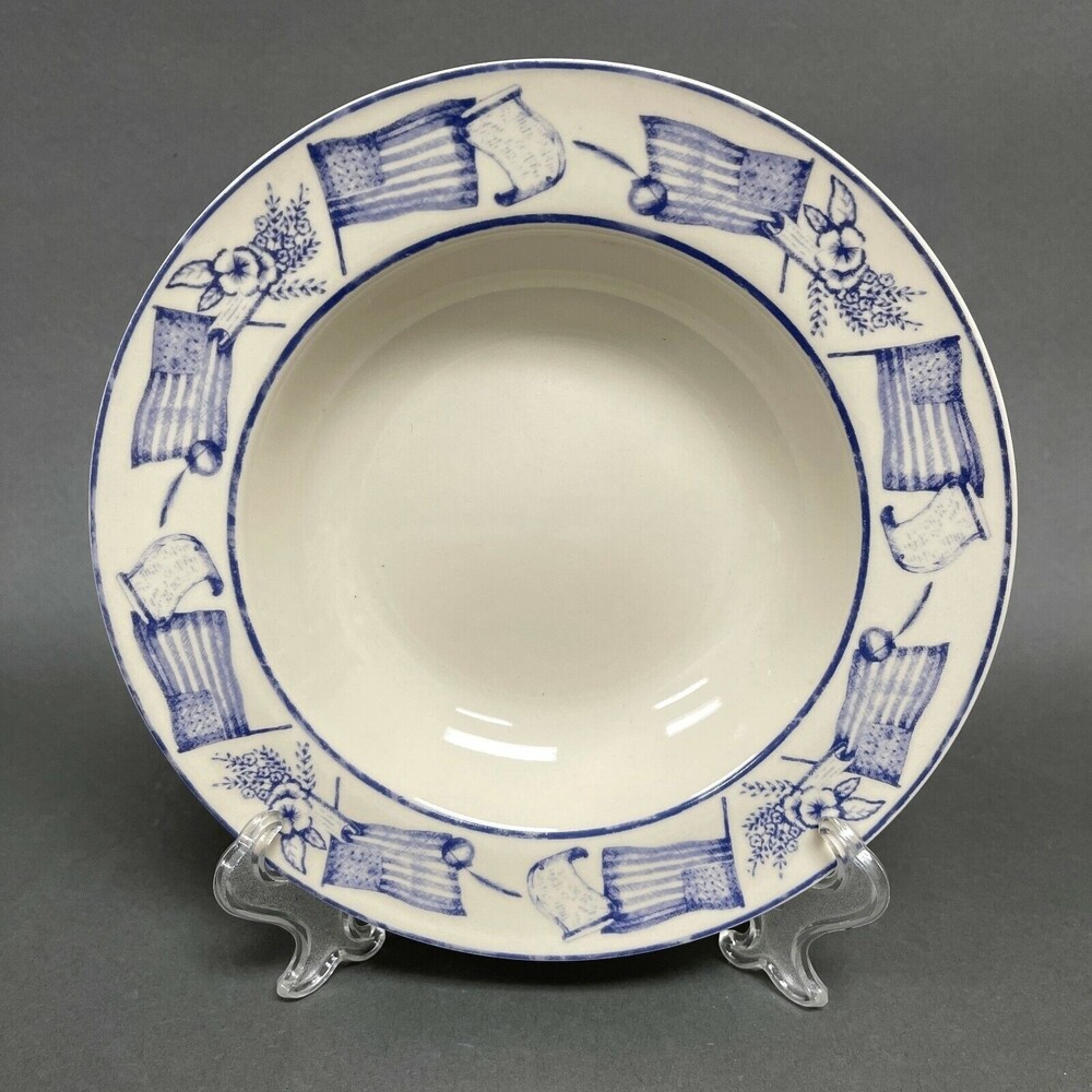 American Heritage Stoneware‎ Soup Cereal Pasta Bowl Flags Beige Blue 8 1/2"